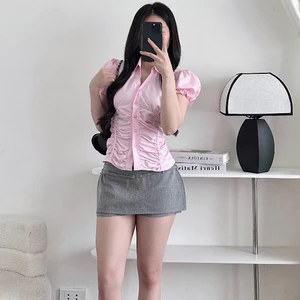 Áo Sơ Mi Nữ BABEE Tay Ngắn Bồng Nhún Eo Ôm Dáng Phong Cách Trẻ Trung Thanh Lịch Cá Tính