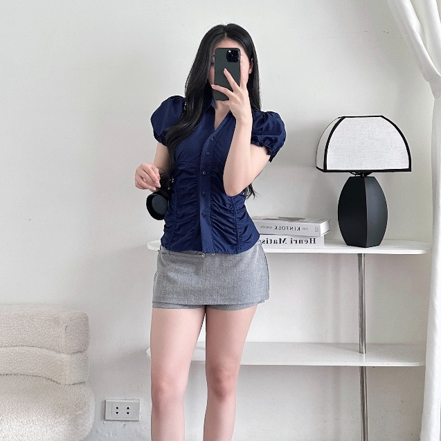 Áo Sơ Mi Nữ BABEE Tay Ngắn Bồng Nhún Eo Ôm Dáng Phong Cách Trẻ Trung Thanh Lịch Cá Tính