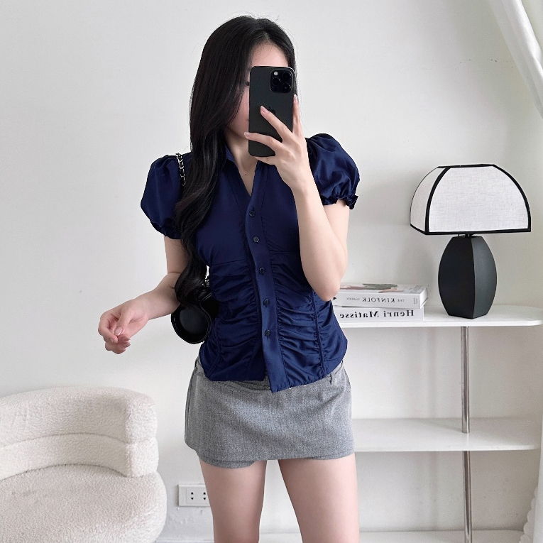 Áo Sơ Mi Nữ BABEE Tay Ngắn Bồng Nhún Eo Ôm Dáng Phong Cách Trẻ Trung Thanh Lịch Cá Tính