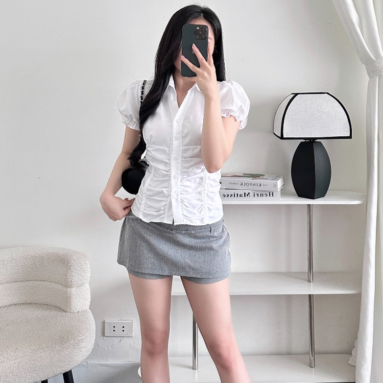 Áo Sơ Mi Nữ BABEE Tay Ngắn Bồng Nhún Eo Ôm Dáng Phong Cách Trẻ Trung Thanh Lịch Cá Tính