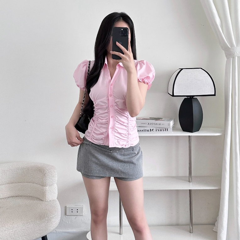 Áo Sơ Mi Nữ BABEE Tay Ngắn Bồng Nhún Eo Ôm Dáng Phong Cách Trẻ Trung Thanh Lịch Cá Tính