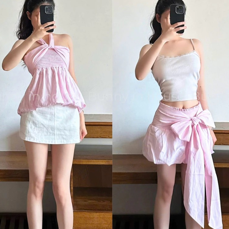 Áo Cúp Ngực Nữ BABEE Họa Tiết Kẻ Sọc Phối Dây Cột Nơ Mặc Nhiều Kiểu Phong Cách Trẻ Trung Cá Tính