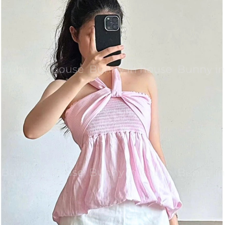 Áo Cúp Ngực Nữ BABEE Họa Tiết Kẻ Sọc Phối Dây Cột Nơ Mặc Nhiều Kiểu Phong Cách Trẻ Trung Cá Tính