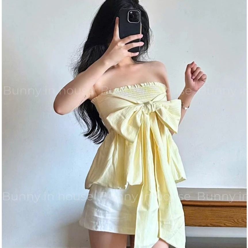 Áo Cúp Ngực Nữ BABEE Họa Tiết Kẻ Sọc Phối Dây Cột Nơ Mặc Nhiều Kiểu Phong Cách Trẻ Trung Cá Tính