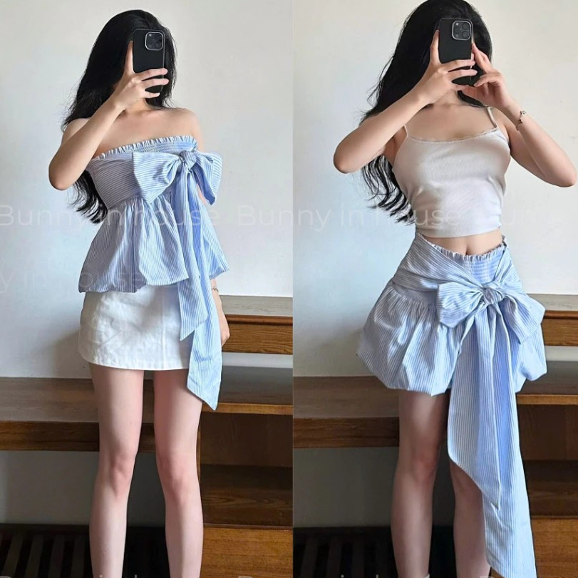 Áo Cúp Ngực Nữ BABEE Họa Tiết Kẻ Sọc Phối Dây Cột Nơ Mặc Nhiều Kiểu Phong Cách Trẻ Trung Cá Tính