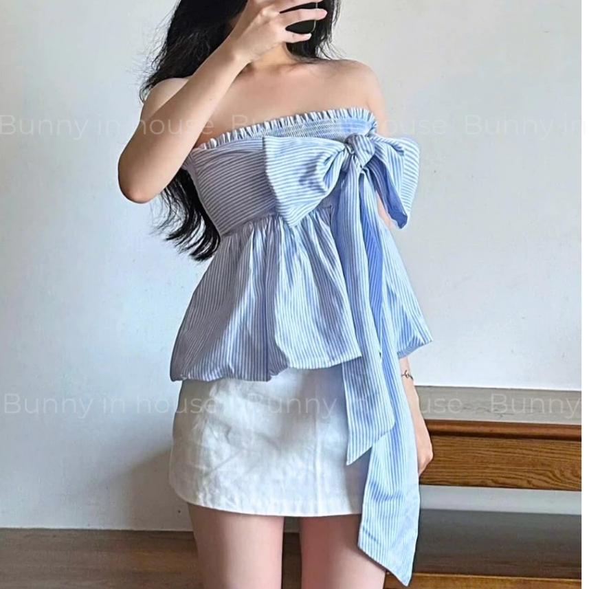 Áo Cúp Ngực Nữ BABEE Họa Tiết Kẻ Sọc Phối Dây Cột Nơ Mặc Nhiều Kiểu Phong Cách Trẻ Trung Cá Tính
