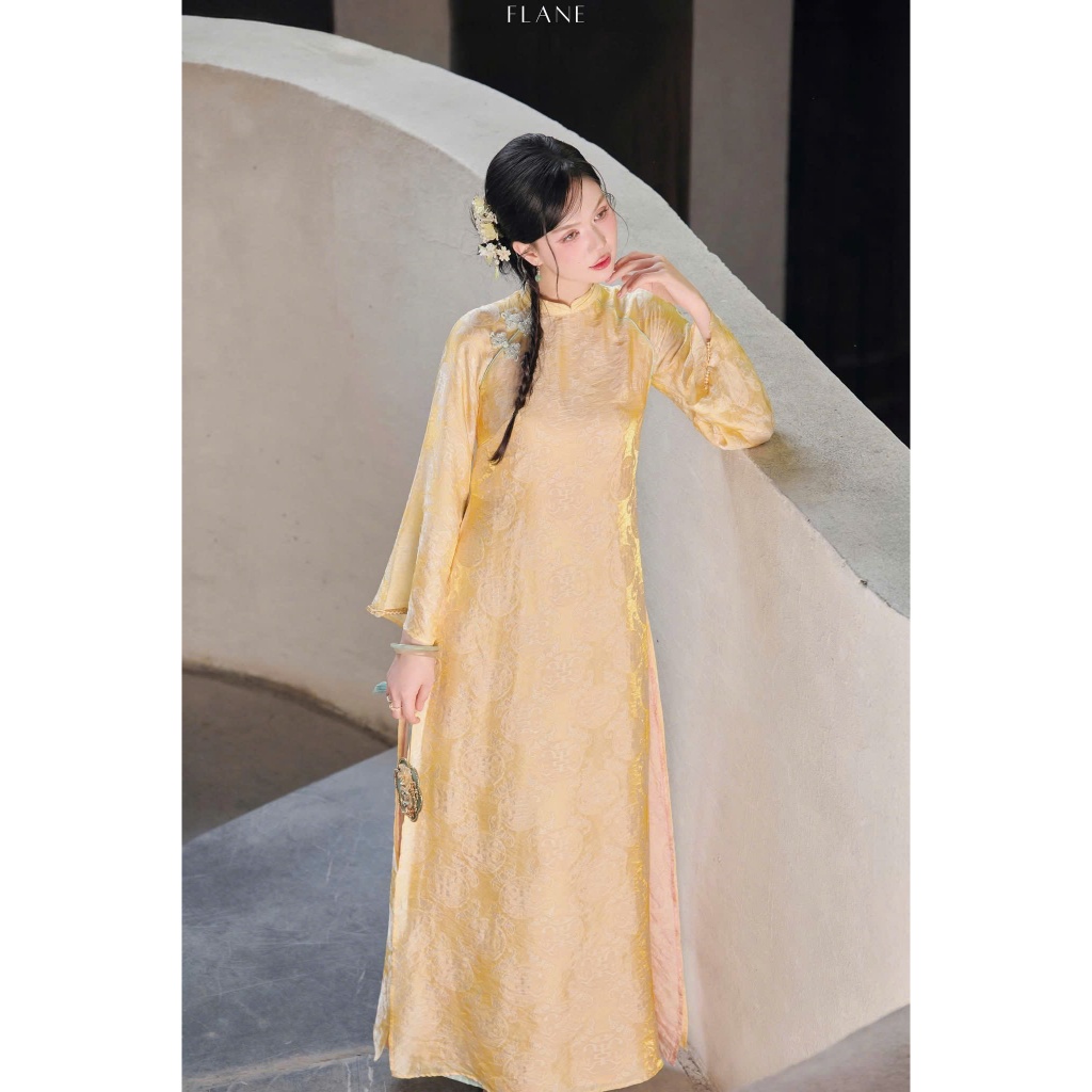 ZIMM STORE-Áo dài nữ màu vàng kem thêu hoa nổi