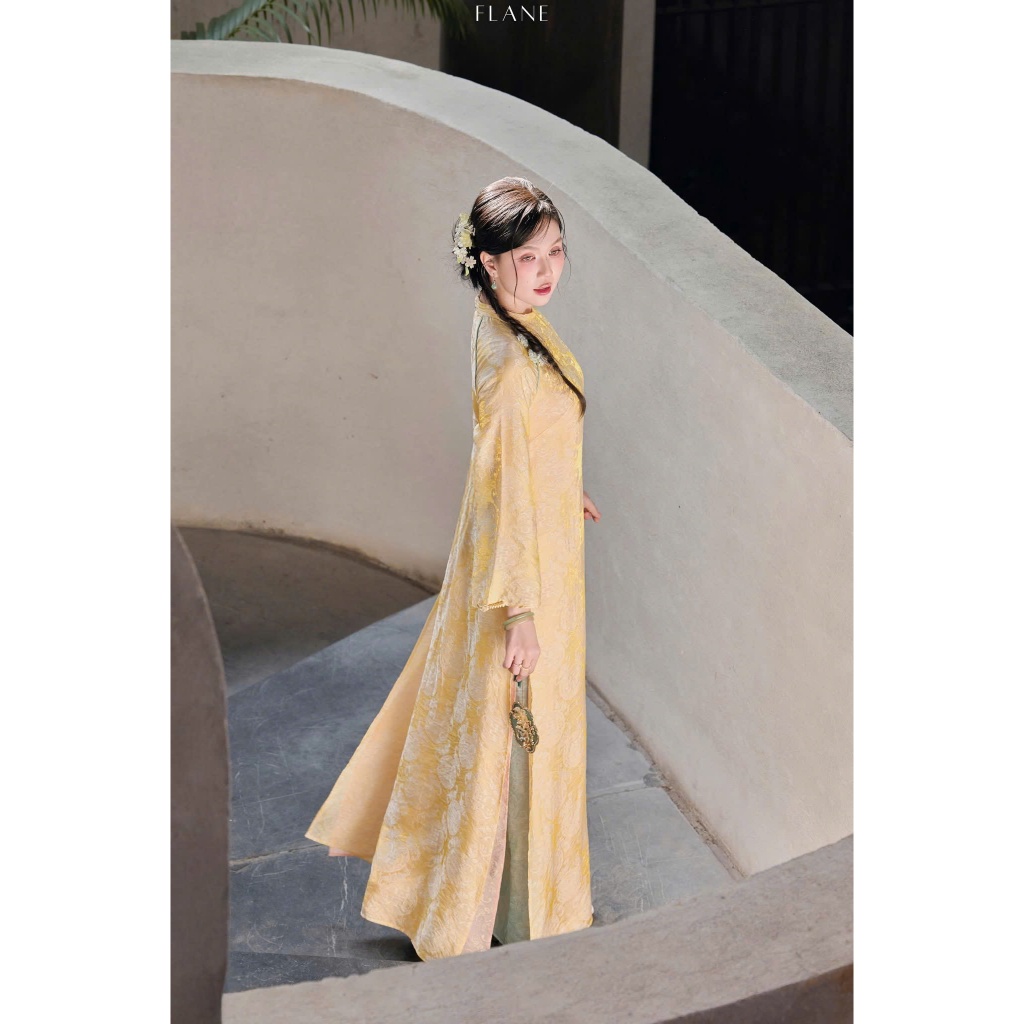 ZIMM STORE-Áo dài nữ màu vàng kem thêu hoa nổi