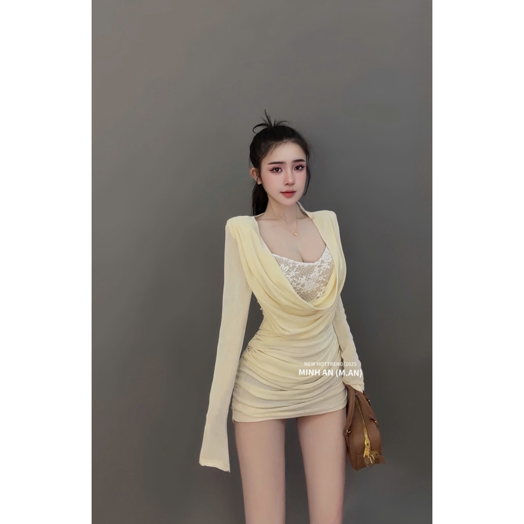 Váy body nhúng cổ đổ phối ren nhún hông siu đẹp