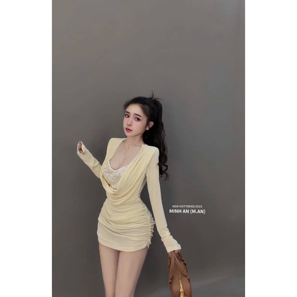 Váy body nhúng cổ đổ phối ren nhún hông siu đẹp