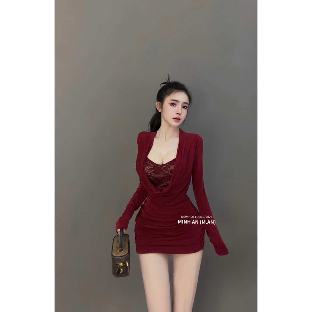 Váy body nhúng cổ đổ phối ren nhún hông siu đẹp