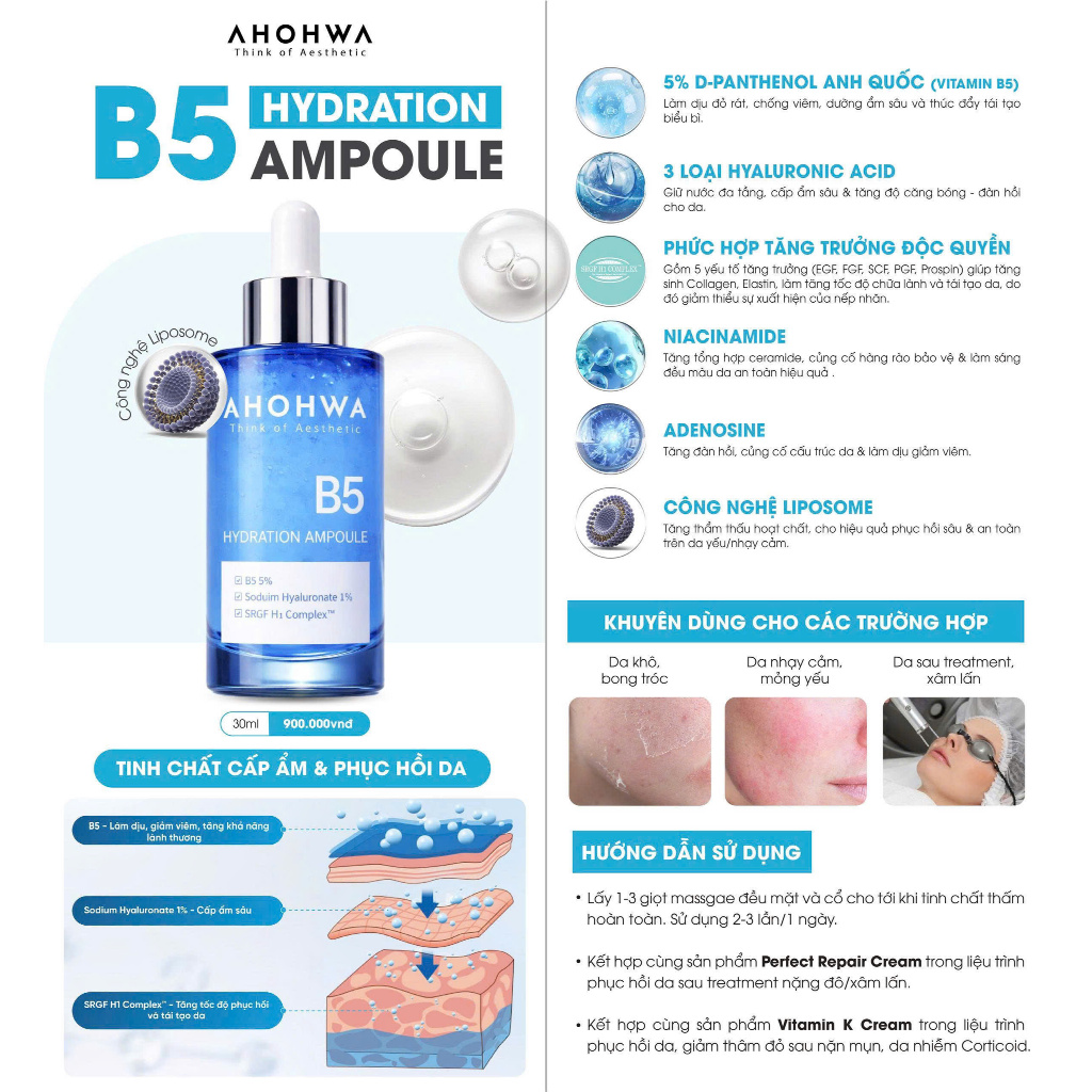 Serum Tinh Chất Phục Hồi Ahohwa Hydration Ampoule B5 30ml – Dưỡng Ẩm, Làm Dịu Da