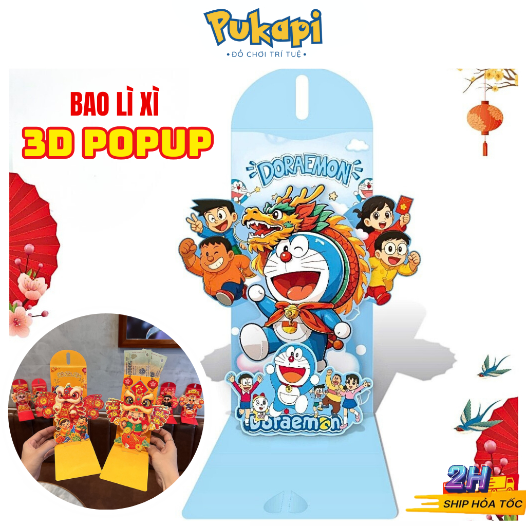 Bao Lì Xì Xòe Popup 3D Cao Cấp Đôremon Xinh Xắn Hot Trend 12 Mẫu Nghệ Thuật Quà Tặng Năm Mới- Đồ Chơi Cho Bé PUKAPI