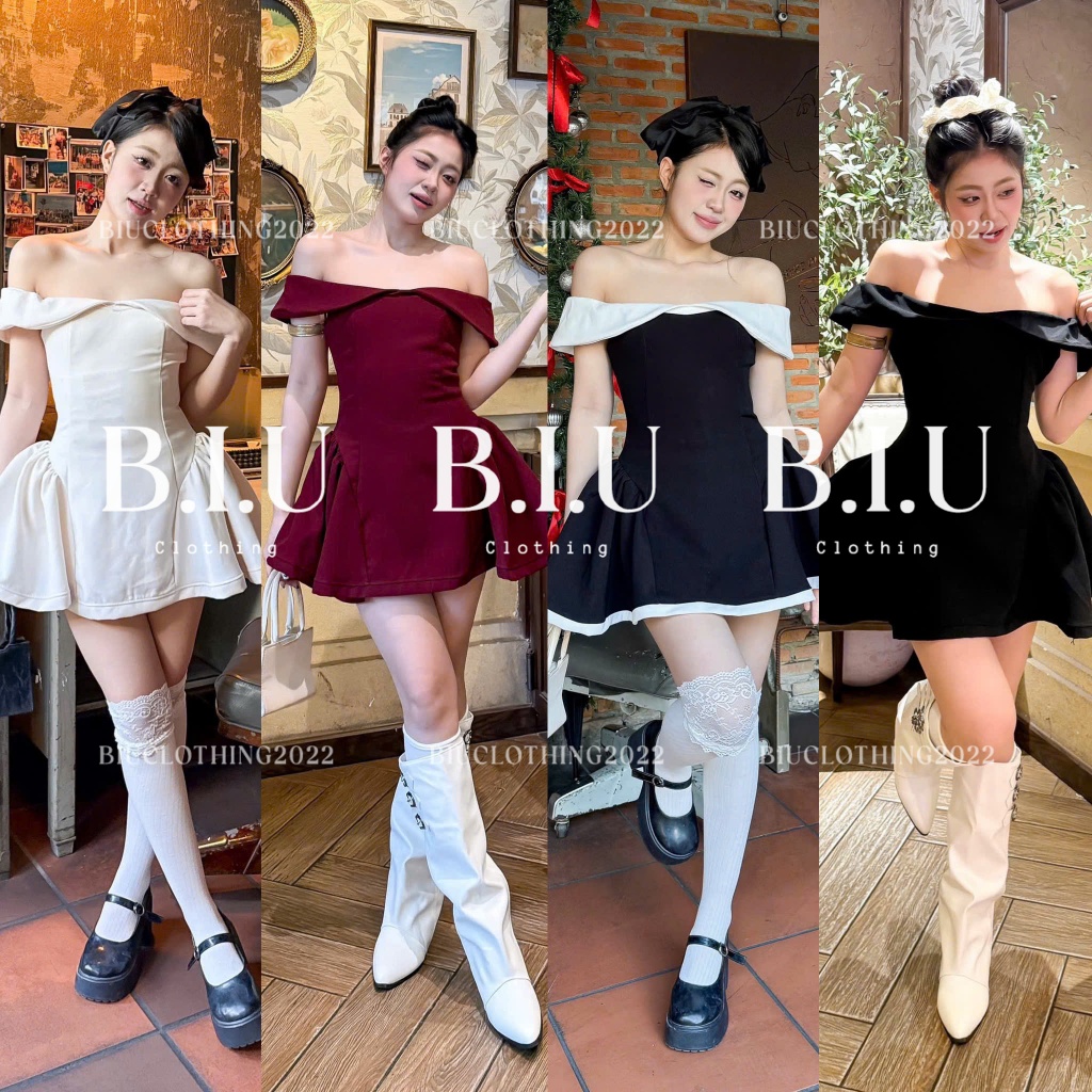 Đầm trễ vai chiết eo tà xòe sang chảnh tôn dáng Faw Dress Biu Clothing BB0542