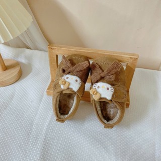 Sz 18-30 Giày Da Lộn Nâu Mèo Hello Kitty Lót Lông Quai Dán Cho Bé Gái K177