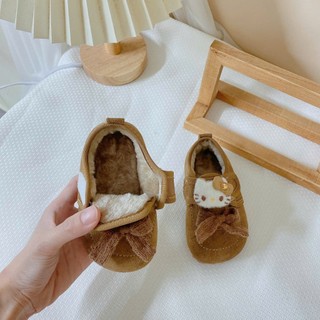 Sz 18-30 Giày Da Lộn Nâu Mèo Hello Kitty Lót Lông Quai Dán Cho Bé Gái K177