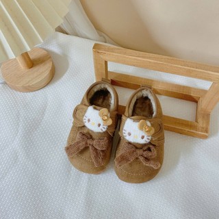 Sz 18-30 Giày Da Lộn Nâu Mèo Hello Kitty Lót Lông Quai Dán Cho Bé Gái K177