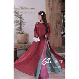 Áo Dài Lụa Ánh Nhũ 4 Tà Tag Đá Cài Mix Quần Suông Chuẩn She’s (ĐỢT SAU CÀI MỚI Ở ẢNH CUỐI)