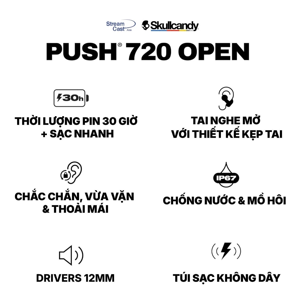 Tai nghe Bluetooth Skullcandy Push 720 Open Ear - Pin trâu chống nước IPX4 - Bảo hành chính hãng | BigBuy360 - bigbuy360.vn