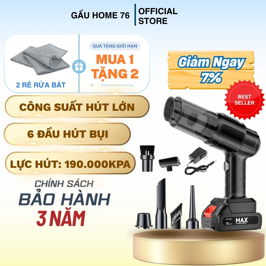 Máy hút bụi cầm tay, Công suất Lớn, Lực Hút 128.000 Pa, Chân Pin Phổ Thông 4cm Tiện Lợi Và Đa Năng