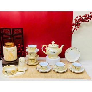 Bộ ấm chén vân đá dáng cát tường đắp nổi thủ công cành mậm cao cấp - Gốm sứ Bát Tràng - Gốm Việt