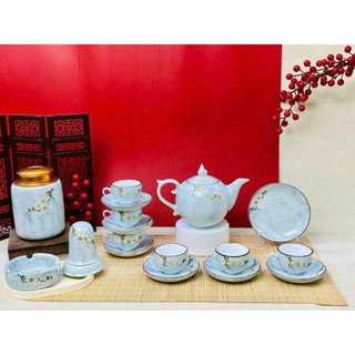 Bộ ấm chén vân đá dáng bưởi lửa vẽ nổi thủ công cành mận, sen trắng - Gốm sứ Bát Tràng - Gốm Việt