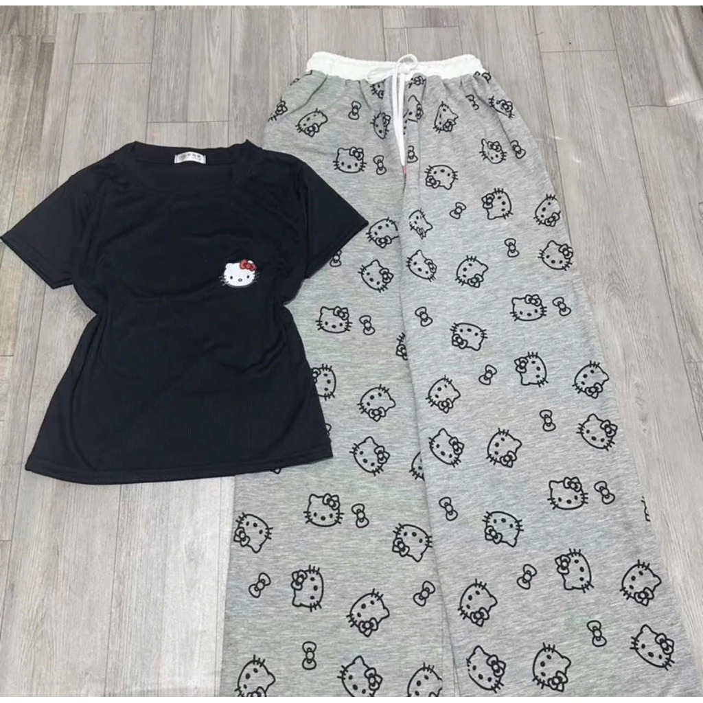 Sét Nữ Basic In Logo Nhỏ Kitty Mix Quần Dài Cạp Trắng In Kín Mèo Mặc Nhà Đi Chơi Dễ Thương