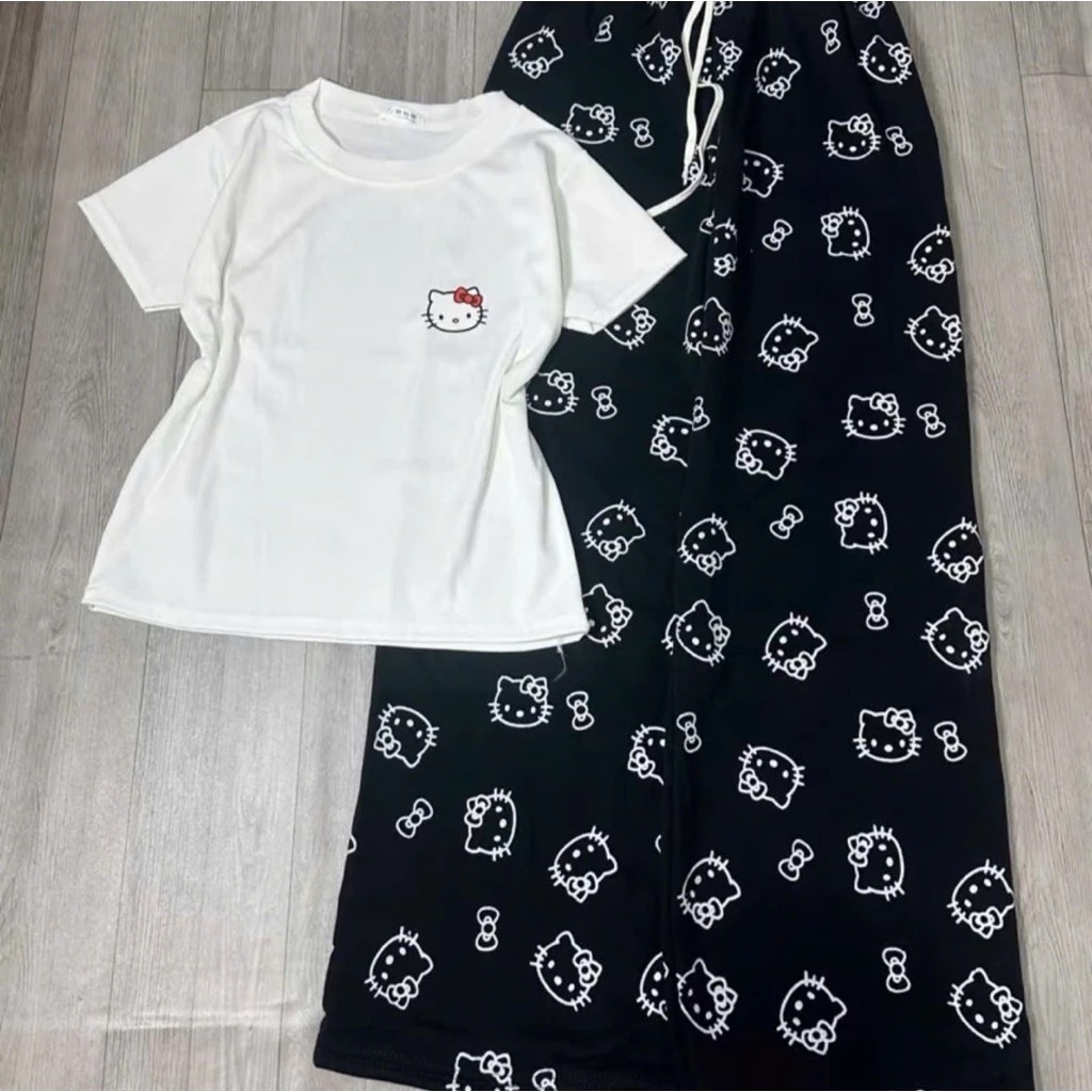 Sét Nữ Basic In Logo Nhỏ Kitty Mix Quần Dài Cạp Trắng In Kín Mèo Mặc Nhà Đi Chơi Dễ Thương