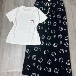 Sét Nữ Basic In Logo Nhỏ Kitty Mix Quần Dài Cạp Trắng In Kín Mèo Mặc Nhà Đi Chơi Dễ Thương