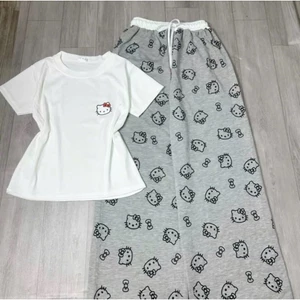 Bộ Đồ Nữ Dễ Thương Áo Thun Cổ Tron Babyte Logo Mèo Kitty Mix + Quần Dài Cạp Trắng Mặc Nhà,Đi Chơi