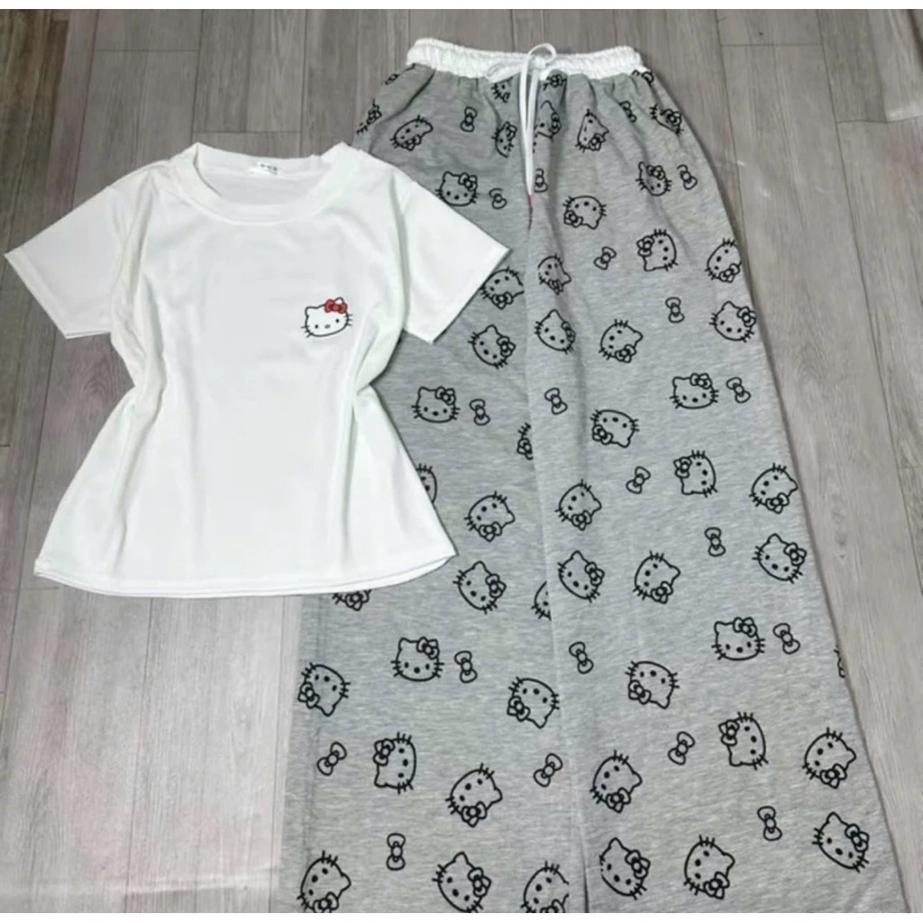 Sét Nữ Basic In Logo Nhỏ Kitty Mix Quần Dài Cạp Trắng In Kín Mèo Mặc Nhà Đi Chơi Dễ Thương