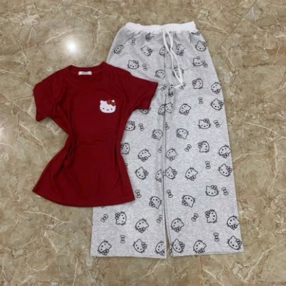 Sét Nữ Basic In Logo Nhỏ Kitty Mix Quần Dài Cạp Trắng In Kín Mèo Mặc Nhà Đi Chơi Dễ Thương