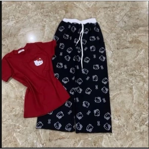 Sét Bộ Đồ Nữ Dễ thương Áo Logo Mèo Kitty Phối Quần Dài Mèo Kitty Cạp Trắng Chất Thun Cotton Mềm Mịn siêu Co Dãn