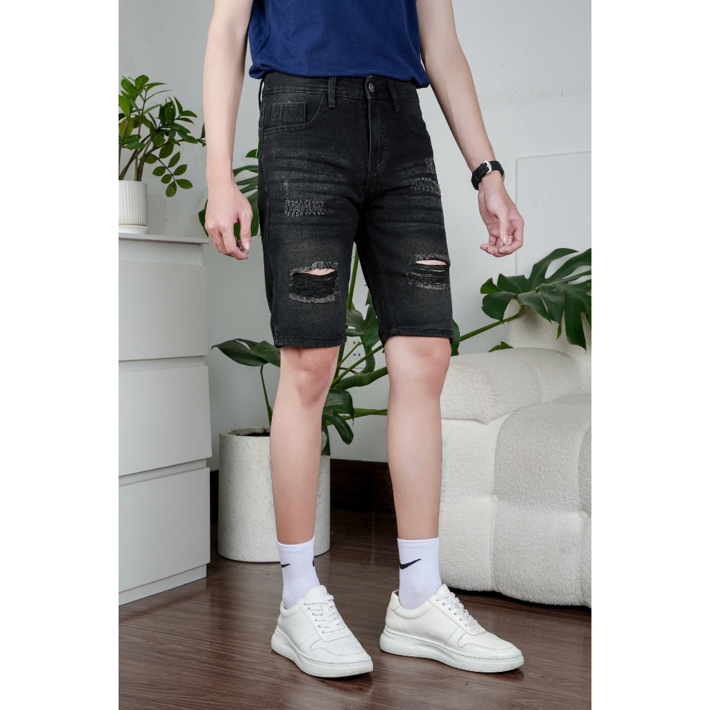 QUẦN JEAN NAM - QUÀN SHORT JEAN NAM MÀU ĐEN WAX SÁNG CÀO RÁCH TẠO ĐIỂM NHẤN ,HOT TREND HÀN QUỐC,SKINY