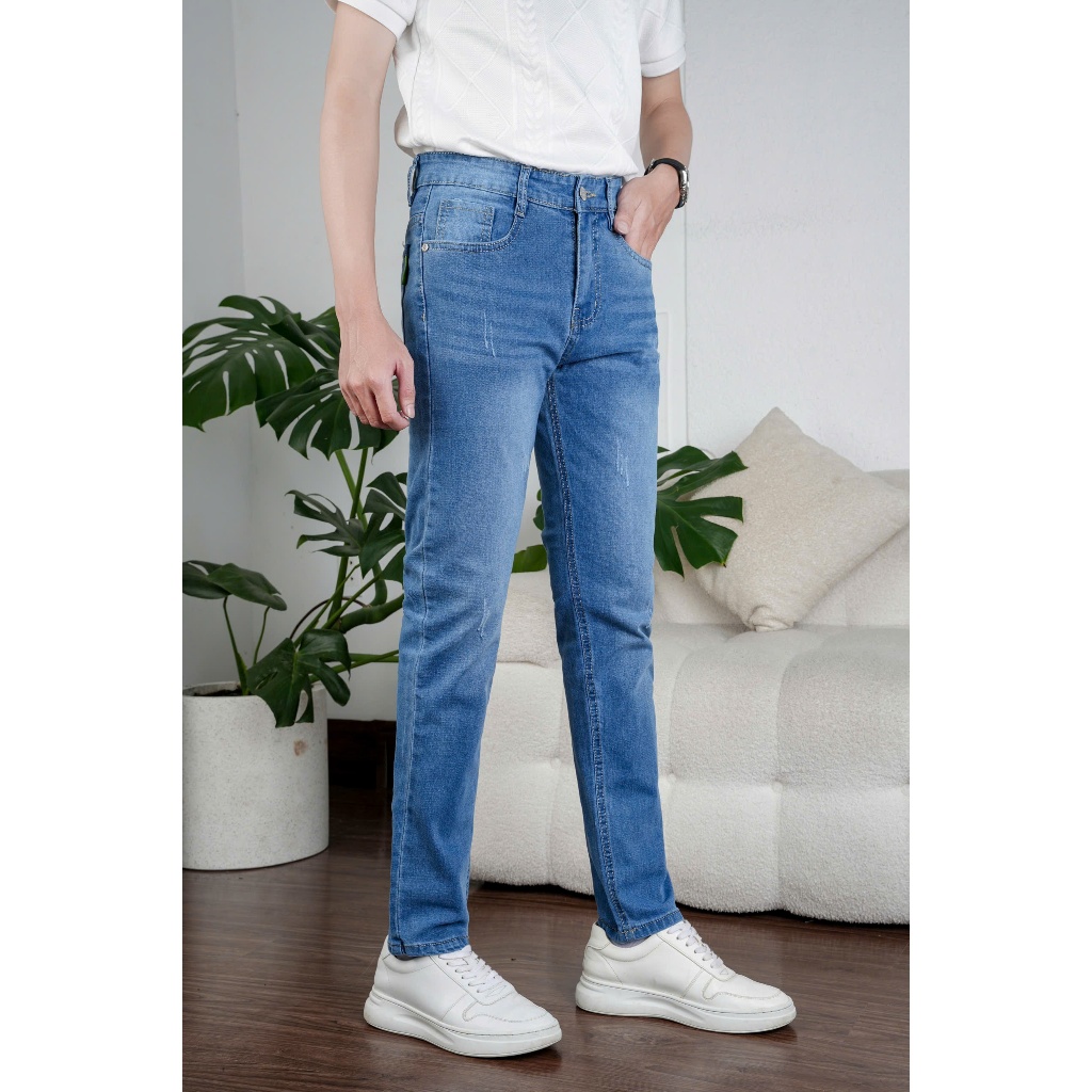 Quần Jean Nam Co Giãn Form Slimfit, Xanh Nhạt Wash Sáng Trẻ Trung