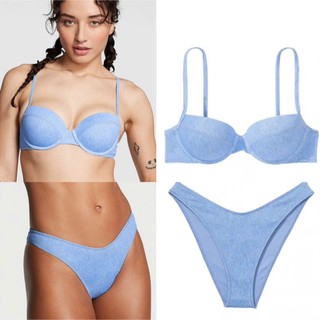 Set bikini kín đáo có 3 chi tiết áo có gọng, quần tam giác, chân váy màu denim trẻ trung, hàng VNXK