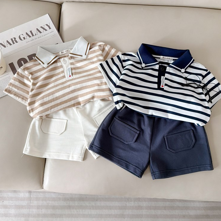 Set bộ polo cộc tay bé trai Miniumbaby họa tiết kẻ sọc, chất cotton mềm mát bé đi chơi đi học SB1844