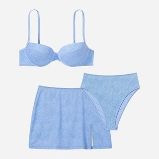 Set bikini kín đáo có 3 chi tiết áo có gọng, quần tam giác, chân váy màu denim trẻ trung, hàng VNXK