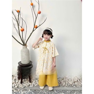 Sét áo dài cách tân cho bé gái sắc cam,hồng kèm quần chât nhung, áo dài tết cho bé gái sz 10-30kg