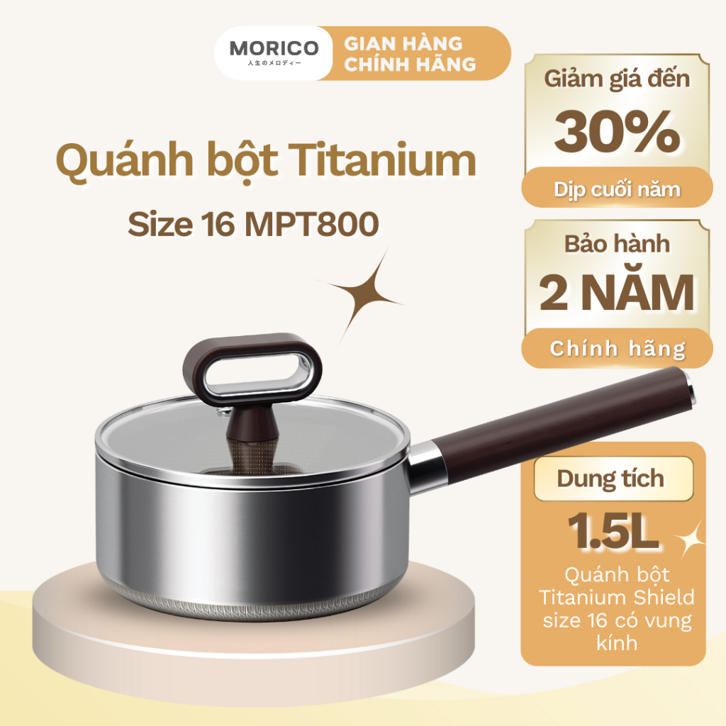 Quánh MORICO Titanium Shield 16cm 1.5L Đúc Liền Khối Có Vung Kính – Nấu Sữa, Cháo, Canh
