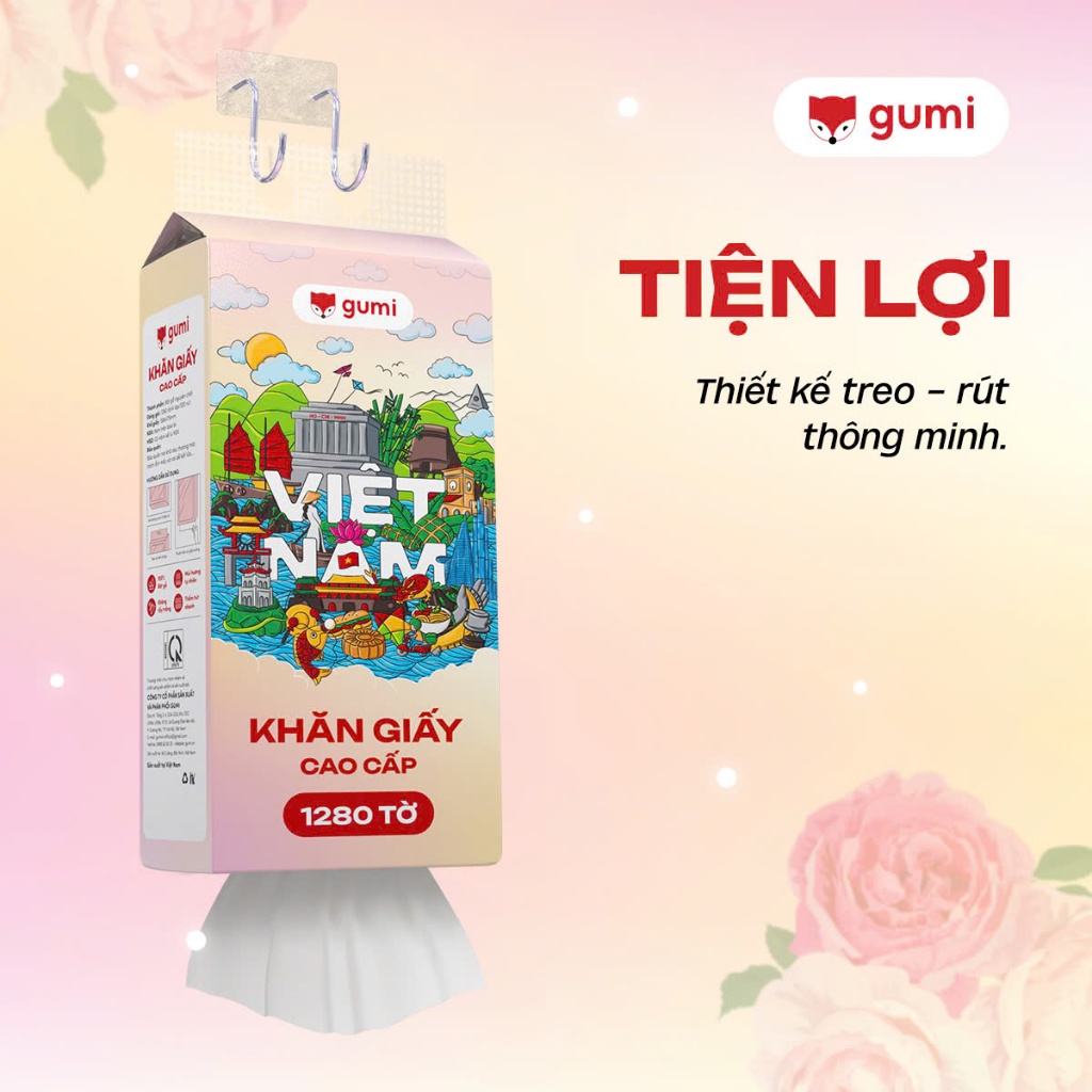 Thùng 6 bịch Khăn Giấy Gumi treo tường tiện lợi, an toàn Giấy ăn Gumi (Tặng kèm 3 móc treo tường)