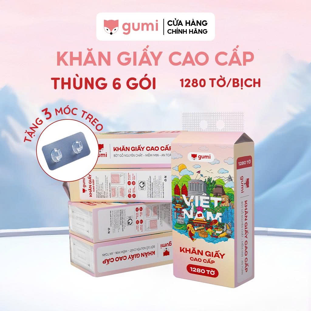 Thùng 6 bịch Khăn Giấy Gumi treo tường tiện lợi, an toàn Giấy ăn Gumi (Tặng kèm 3 móc treo tường)