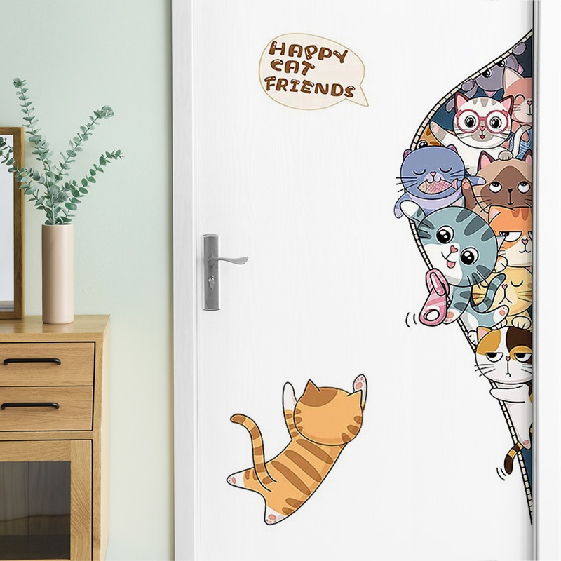 Decal Dán Tường Mèo Dễ Thương Hoạt Hình Có Keo Sẵn 55x100cm – Trang Trí Cánh Tủ, Cửa Phòng