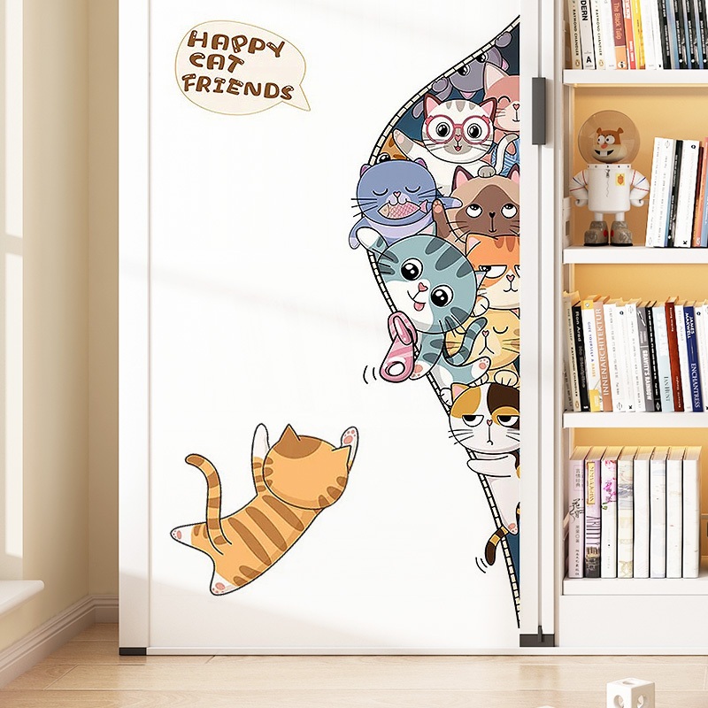 Decal Dán Tường Mèo Dễ Thương Hoạt Hình Có Keo Sẵn 55x100cm – Trang Trí Cánh Tủ, Cửa Phòng