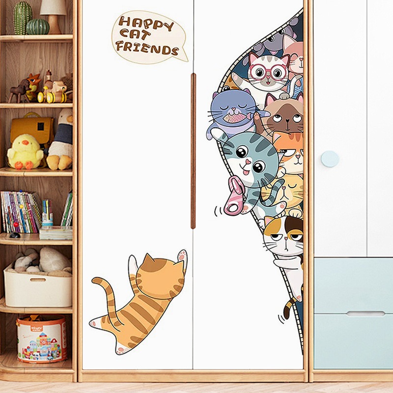 Decal Dán Tường Mèo Dễ Thương Hoạt Hình Có Keo Sẵn 55x100cm – Trang Trí Cánh Tủ, Cửa Phòng