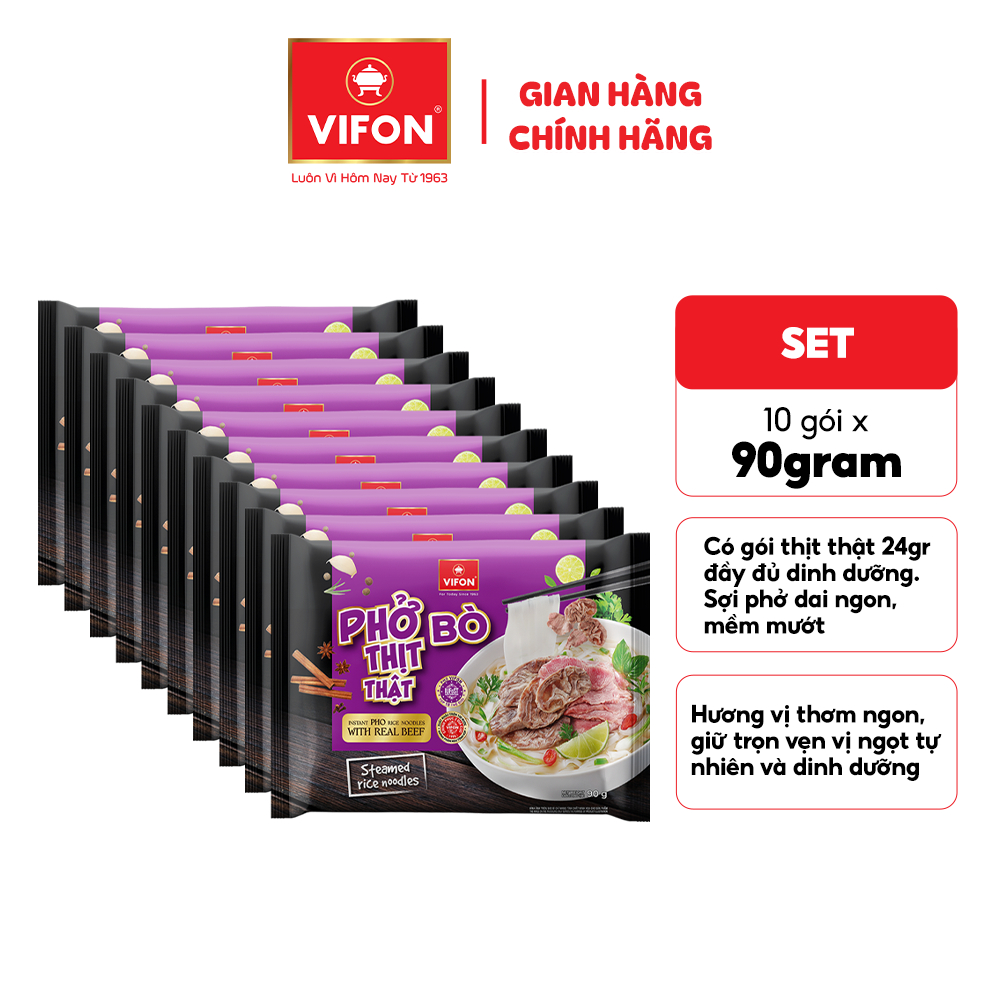 [VOUCHER HOT 10%] Set 10 Gói Phở VIFON Thịt Thật 90g (Vị Bò / Gà) Có Gói Thịt Nguyên Chất 24g Cao Cấp