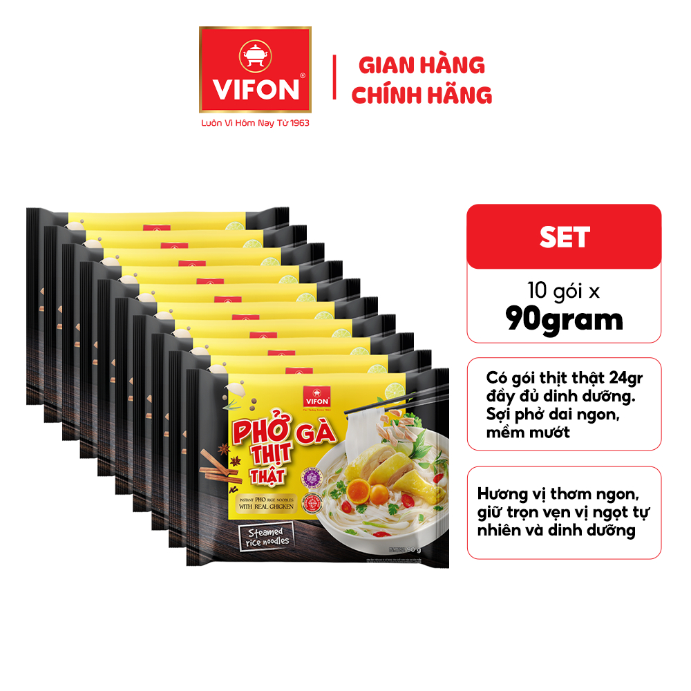 [VOUCHER HOT 10%] Set 10 Gói Phở VIFON Thịt Thật 90g (Vị Bò / Gà) Có Gói Thịt Nguyên Chất 24g Cao Cấp