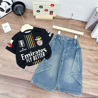 ( Shopmesockids) Bộ Quần Jeans mix Áo Thun Thể Thao Màu Đen và Trắng Phong Cách Streetwear cho bé gái