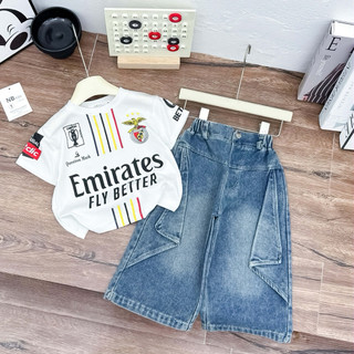 ( Shopmesockids) Bộ Quần Jeans mix Áo Thun Thể Thao Màu Đen và Trắng Phong Cách Streetwear cho bé gái