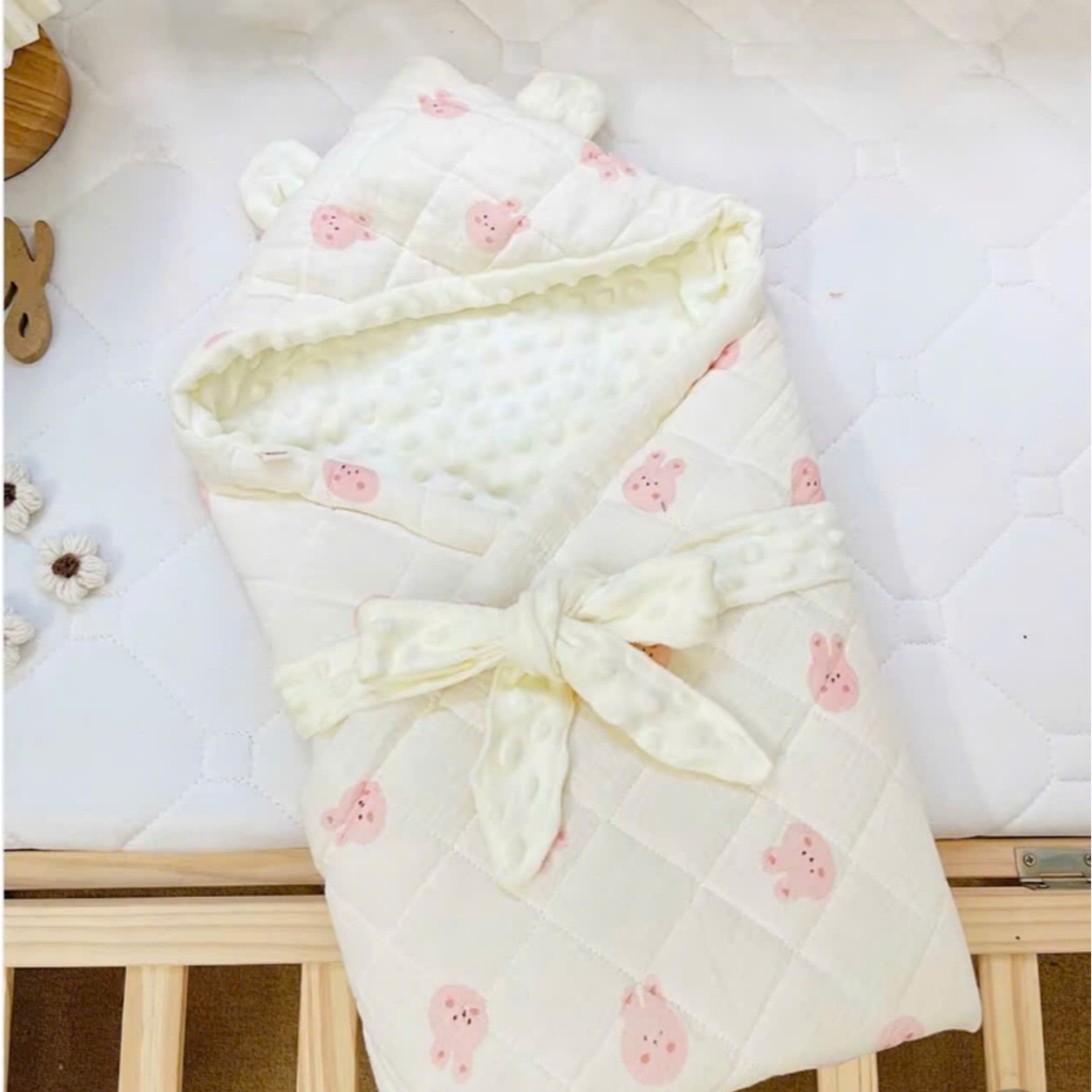 Ủ choàng xô trần bông muslin lót nhung hạt đậu, ủ quấn bé sơ sinh ấm áp mùa đông 75*75cm
